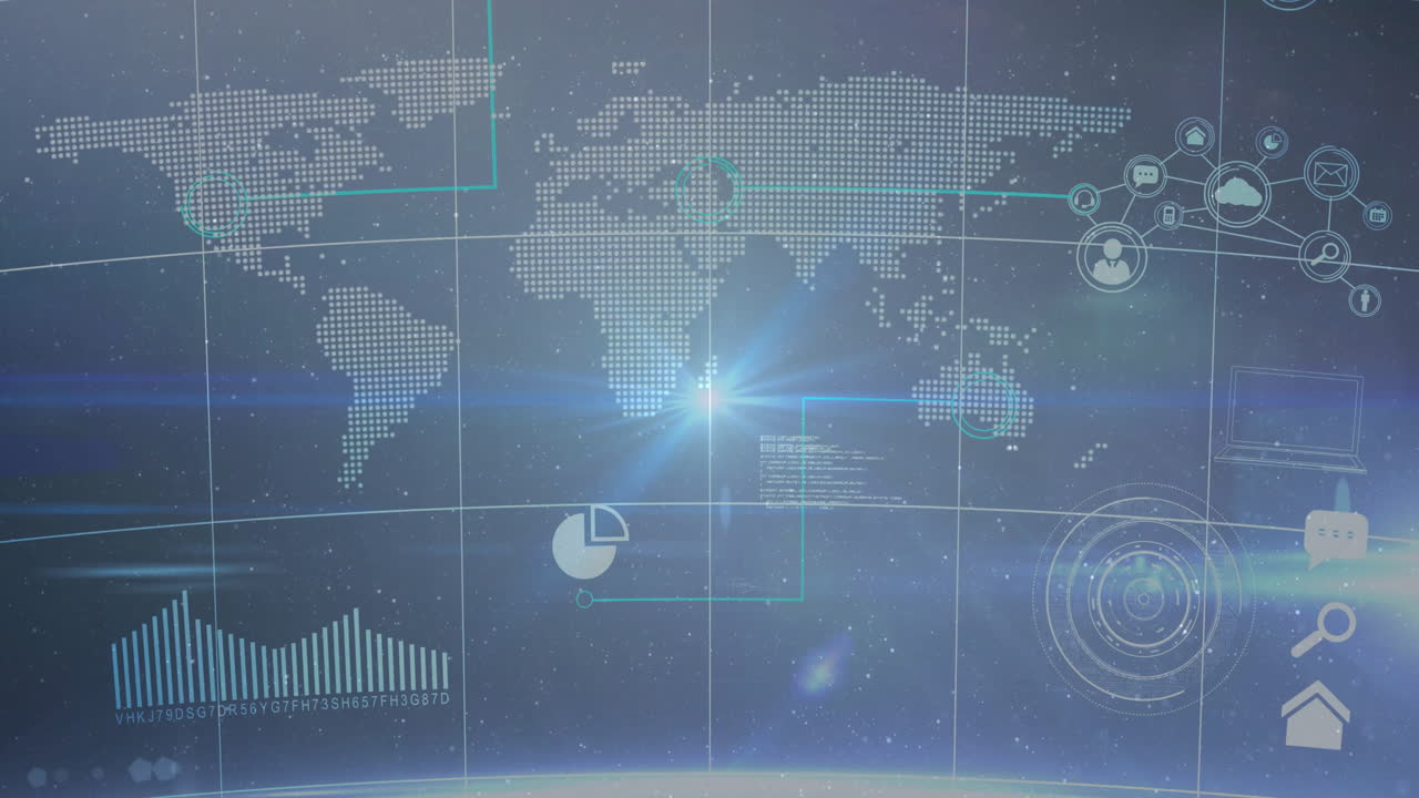 Animation of digital world map with data charts and futuristic technology elements