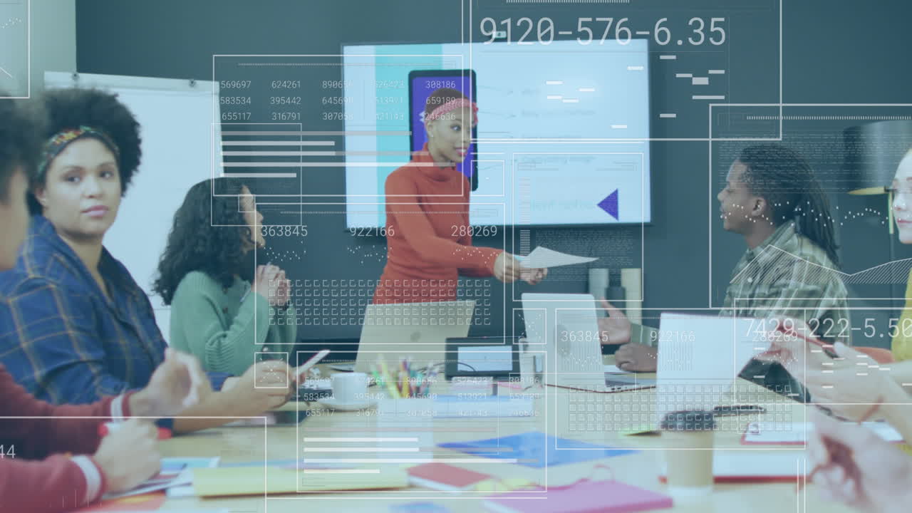 Animation of financial data processing over diverse business people in office