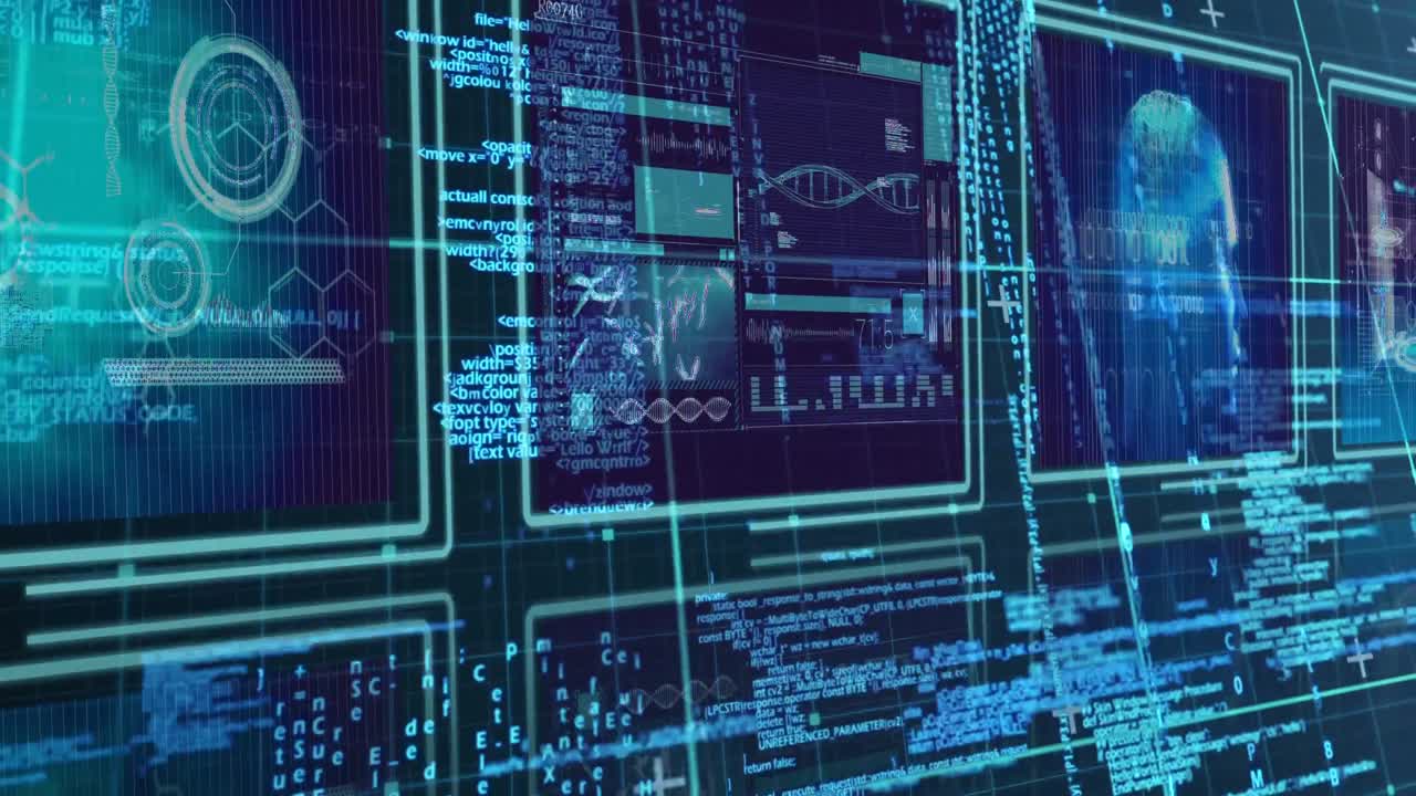 ciencia composición diagramas de ciencia combinados con texto codificado animado volando desde la plataforma