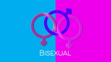 texto bisexual y tres símbolos femeninos y masculinos unidos en fondo rosa y azul