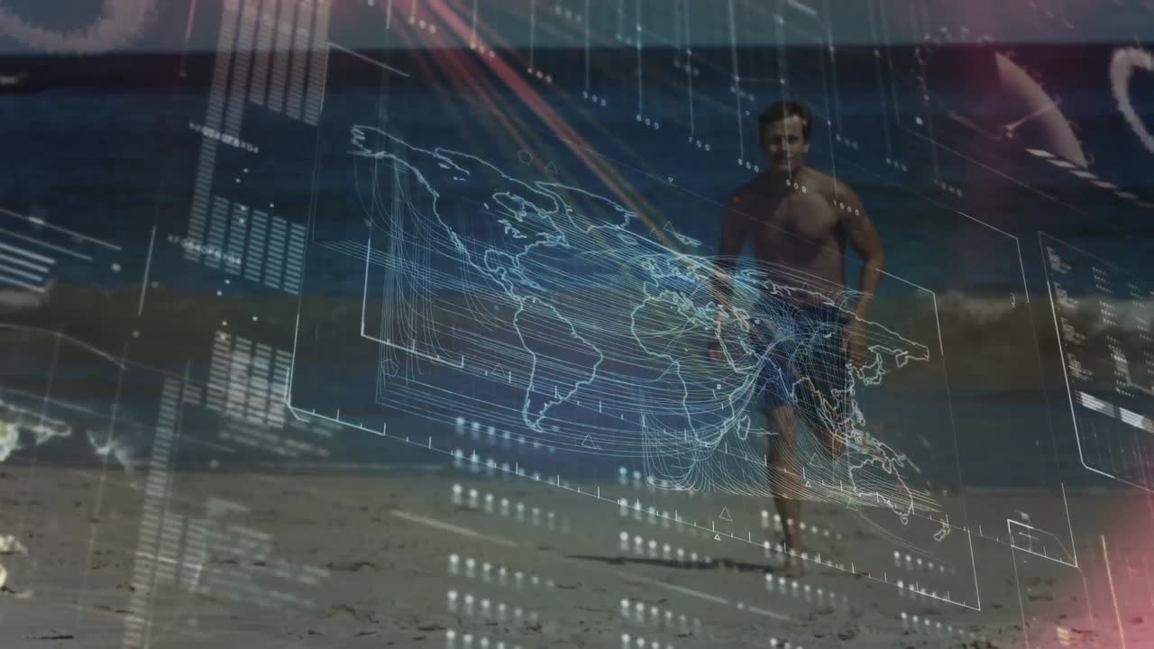 Animation of data processing over fit man running at beach