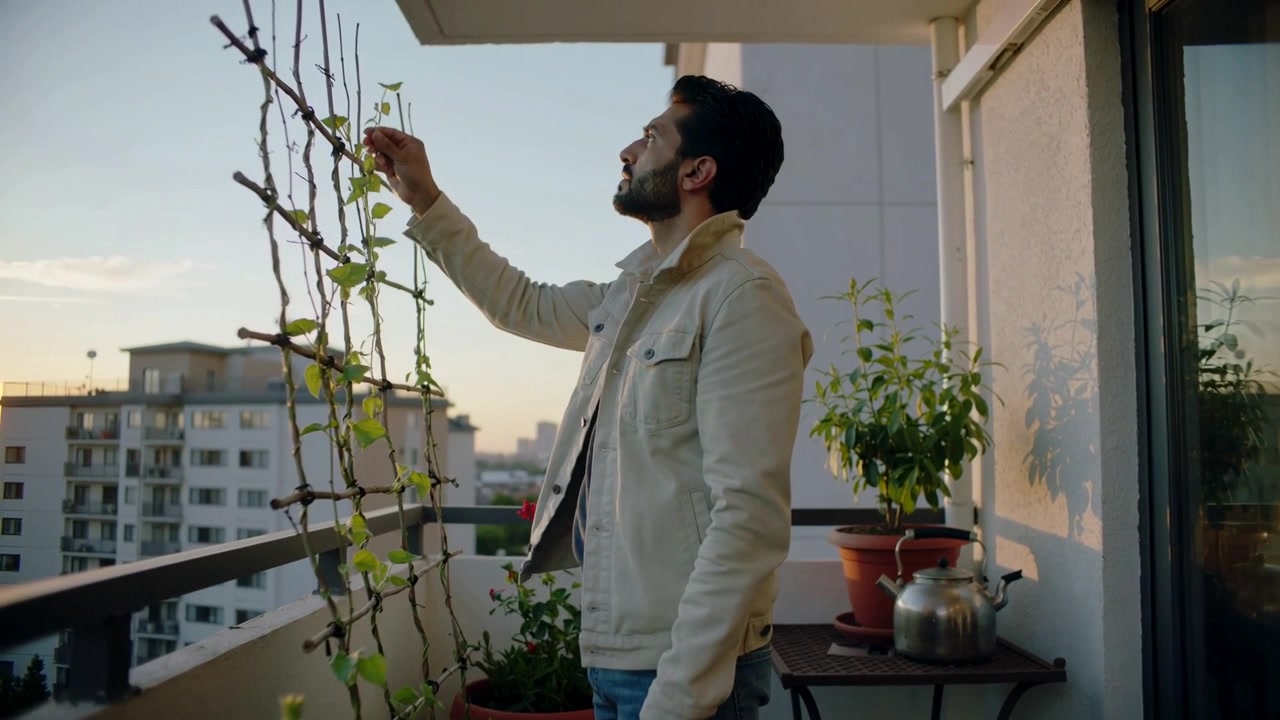 Uomo in giacca color cammello e jeans che osserva la crescita della vite, allungandosi verso il traliccio del balcone e controllando foglie e vasi, con spazio per il testo.