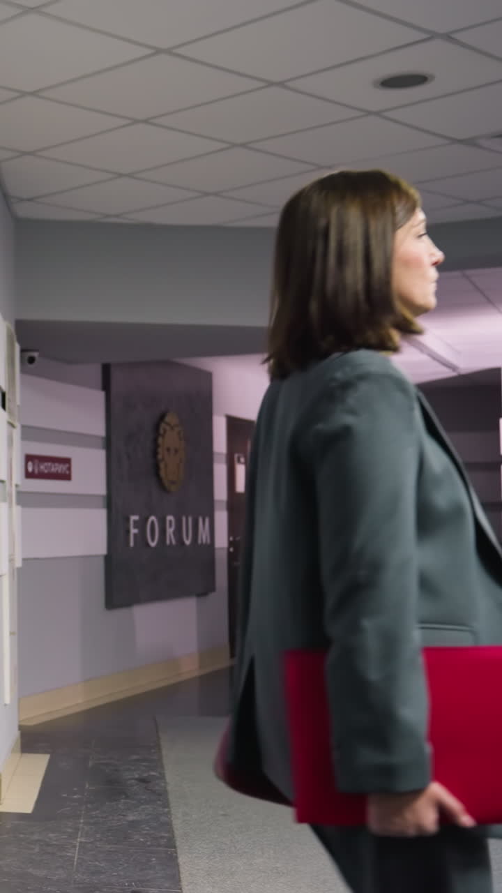 Businesswoman walking confidently in modern office hallway near elevator, carrying folder, dressed in formal business suit. Corporate workspace, professional environment, career-focused atmosphere