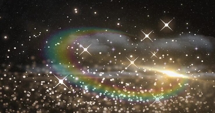 Strisce radiali che formano un campo di particelle, scena luminosa che crea una mezzaluna arcobaleno, generando movimento.