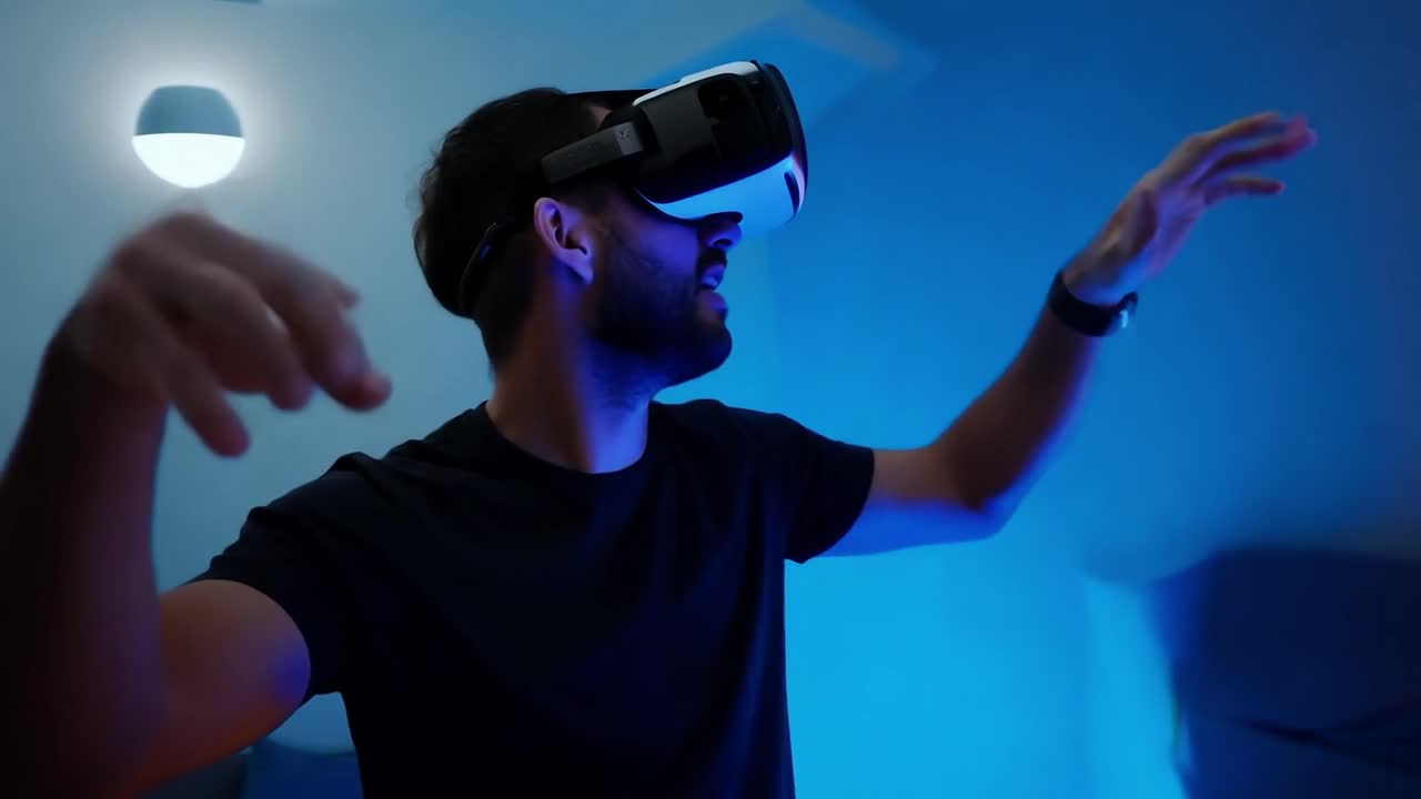 uomo che indossa un auricolare vr e gioca a un gioco di realtà virtuale