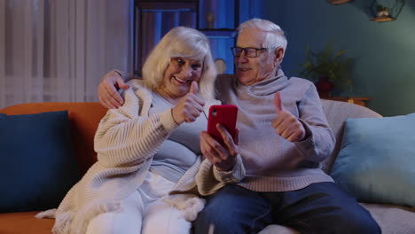 happy smiling senior couple with smartphone on couch at home spends leisure time in social networks