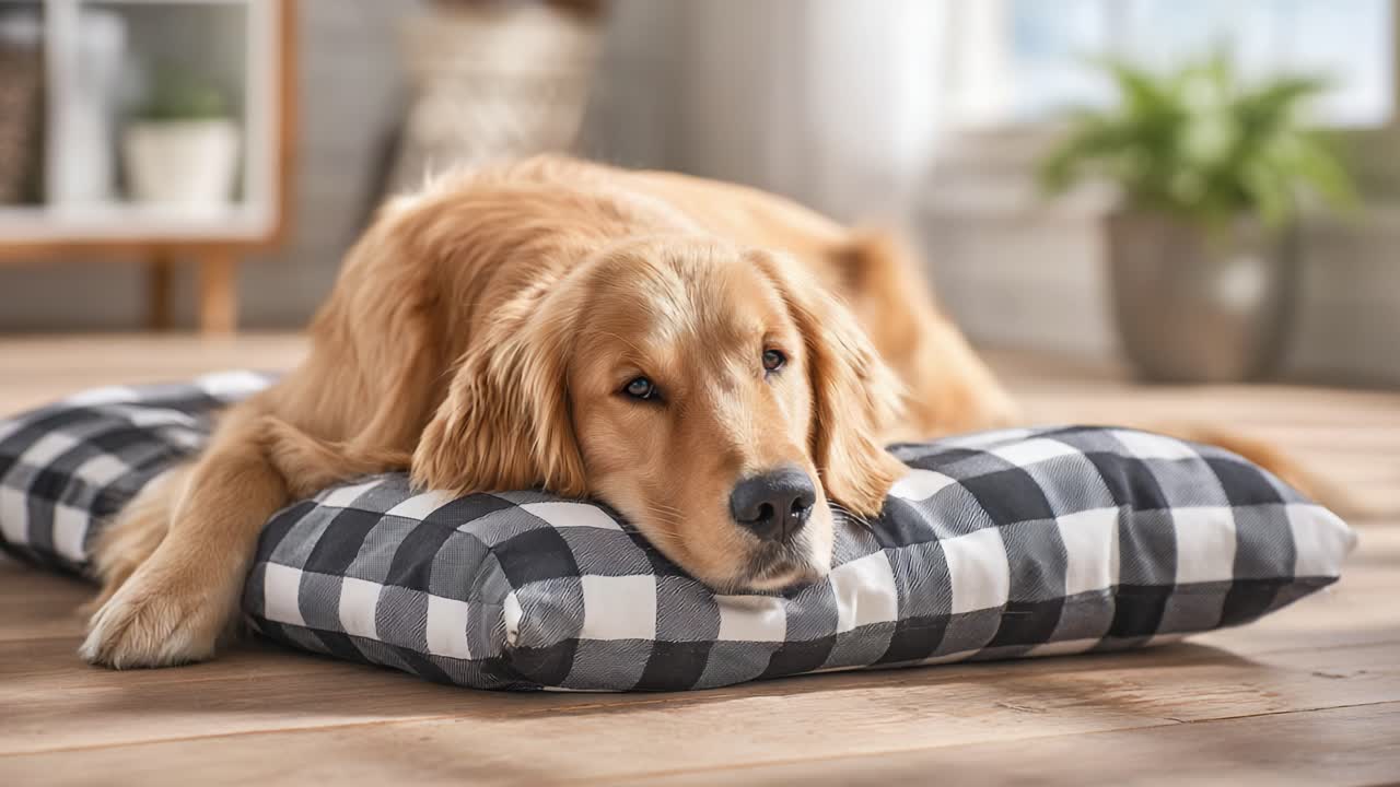 A Golden Retriever Relaxing Comfortably on a Checkered Dog Bed in a Cozy Indoor Setting, Capturing the Essence of Pet Relaxation and Home Comfort