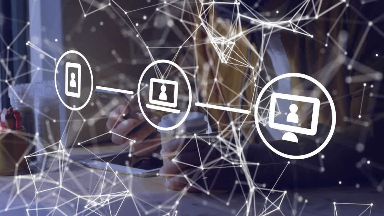 User holding smartphone and coffee cup, showcasing network lines and device icons around laptop