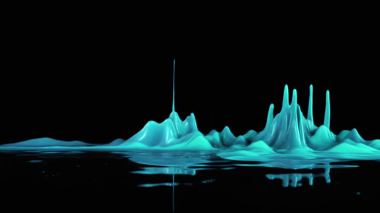 Vibrant Cyan Liquid Reacting to Sound Waves on Black Background