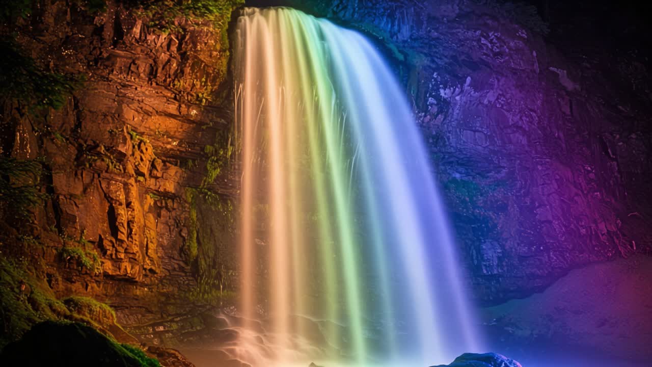 Mesmerizing Spectrum of Light: A Cascading Waterfall Transformed by Colorful Reflections, Creating a Stunning Visual Display of Nature's Beauty