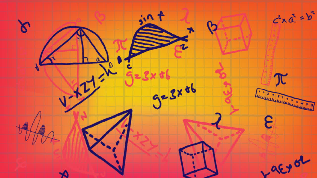 animación de ecuaciones y fórmulas matemáticas flotando contra un fondo de gradiente amarillo