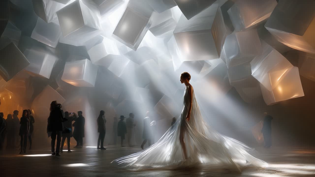 A stunning scene showcasing a graceful figure in a flowing gown illuminated by ethereal beams of light that pierce through an artistic installation of translucent cubes, creating a mesmerizing atmosphere