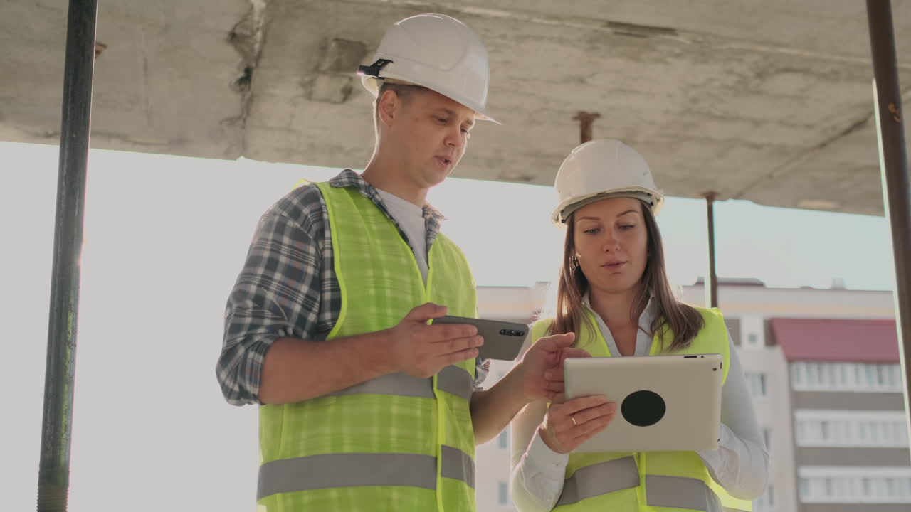 en la construcción con una mujer y un hombre constructores constructores ingenieros caminando a lo largo de ella. edificio en la construcción with a mujer y un varón ingenieros