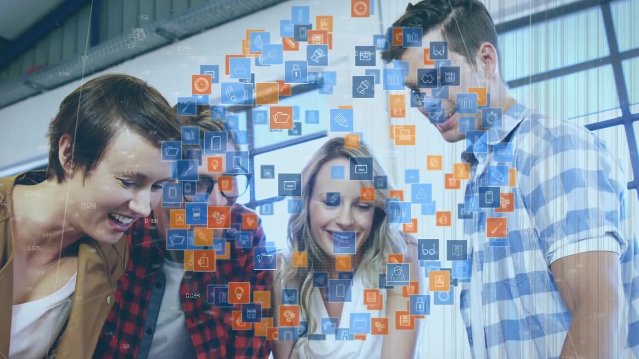 Animation of media icons over happy caucasian business people in office