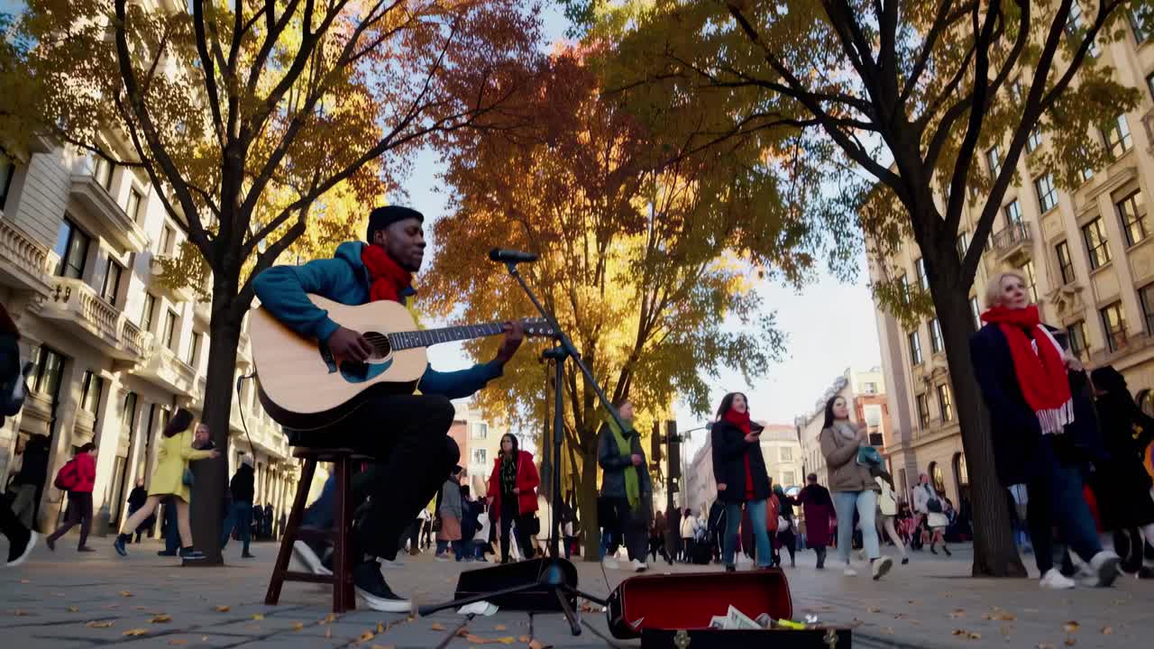 Músico de rua tocando violão em um cenário urbano movimentado. Vídeo capturado de um ângulo baixo.