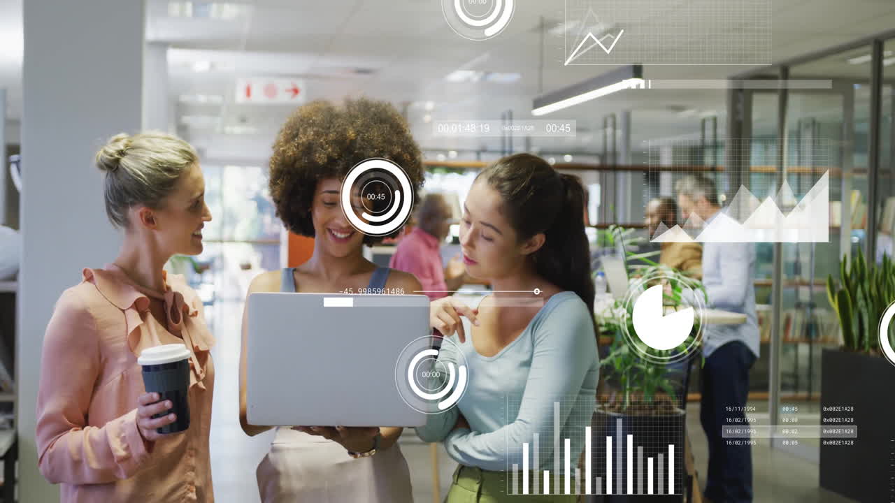 Discussing work, three women using laptop with data analytics animation overlay