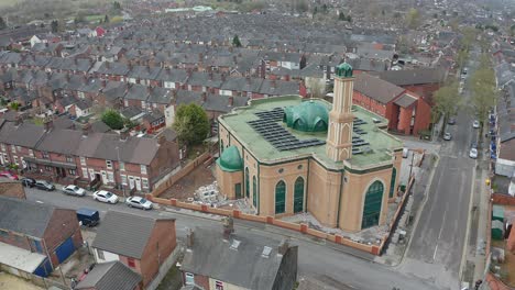 Aerial-view-of-Gilani-Noor-Mosque-in-Longton,-Stoke-on-Trent,-Staffordshire,-the-new-Mosque-being-built-for-the-growing-muslim-community-to-worship-and-congregate