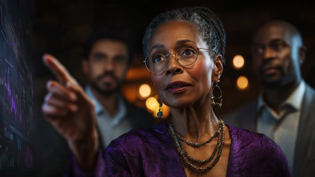 A confident woman engaging in a critical discussion while pointing at a digital screen, surrounded by attentive colleagues, showcasing leadership and collaborative decision-making in a modern setting