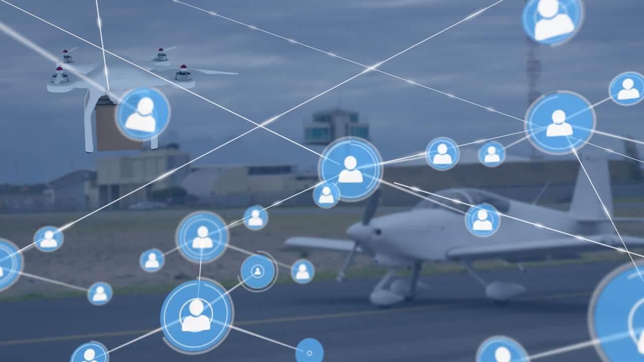 animación de la red de conexiones con iconos sobre drones que llevan paquetes