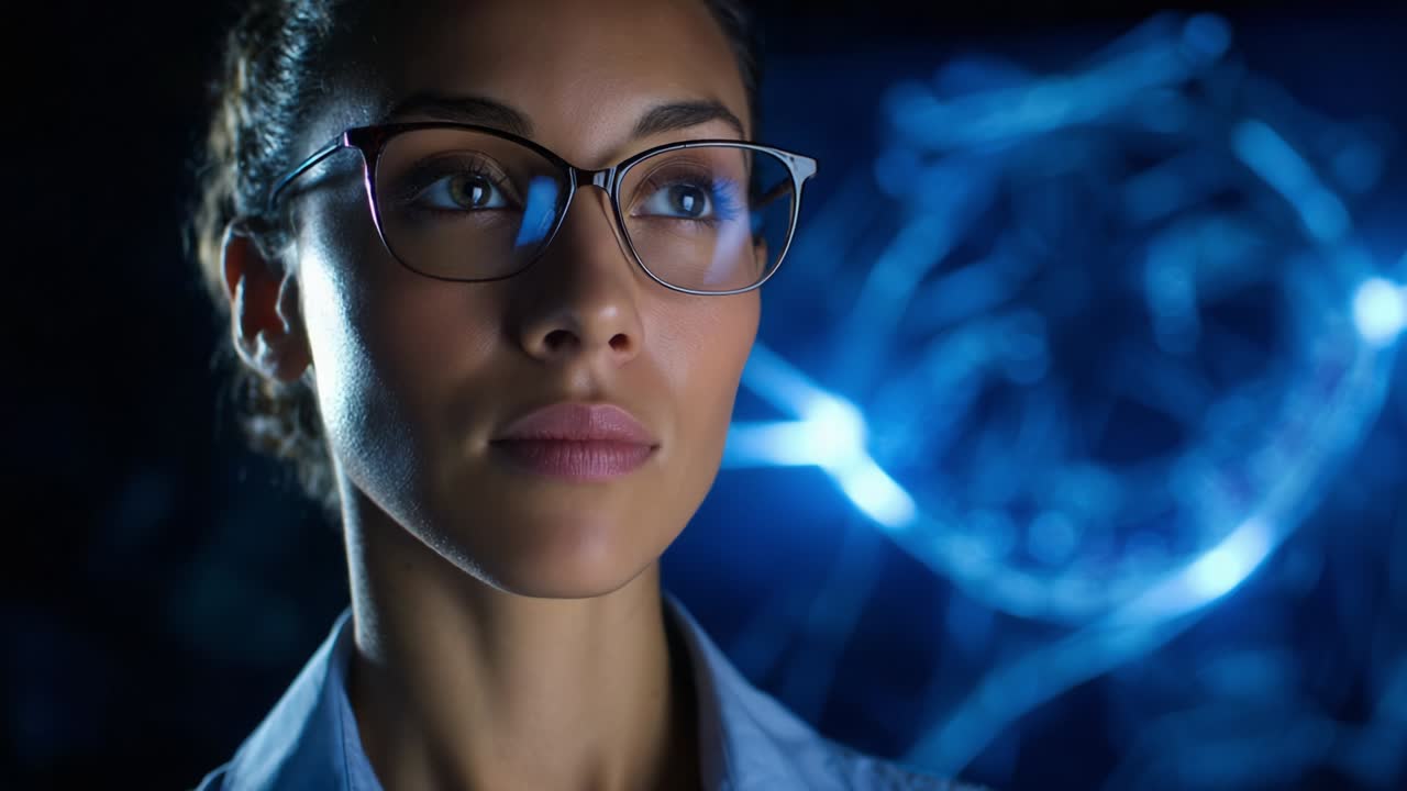 A thoughtful woman with glasses gazes into the distance, contemplating complex ideas or concepts while a blue-hued digital backdrop suggests themes of technology, innovation, and intelligence in a modern setting