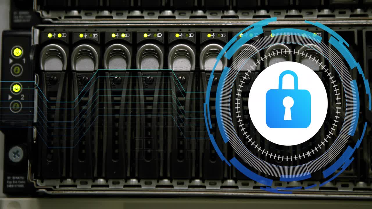 Animation of data processing with padlock icon over server room