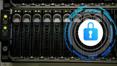 animation of data processing with padlock icon over server room