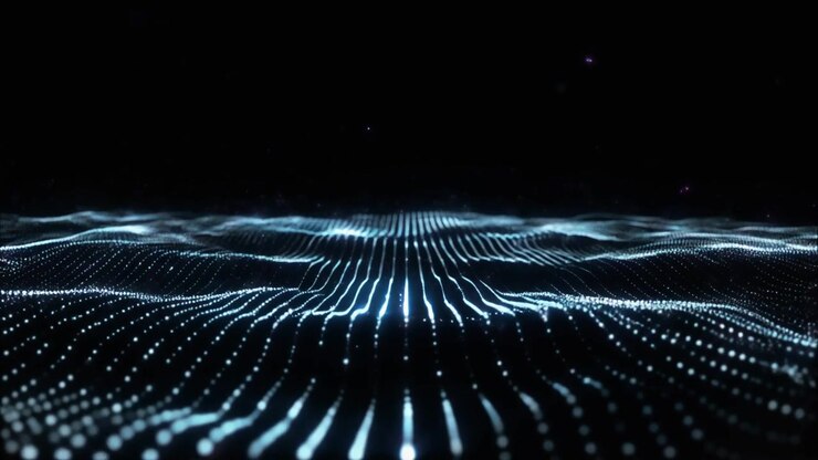 Onda digitale astratta di particelle blu luminose