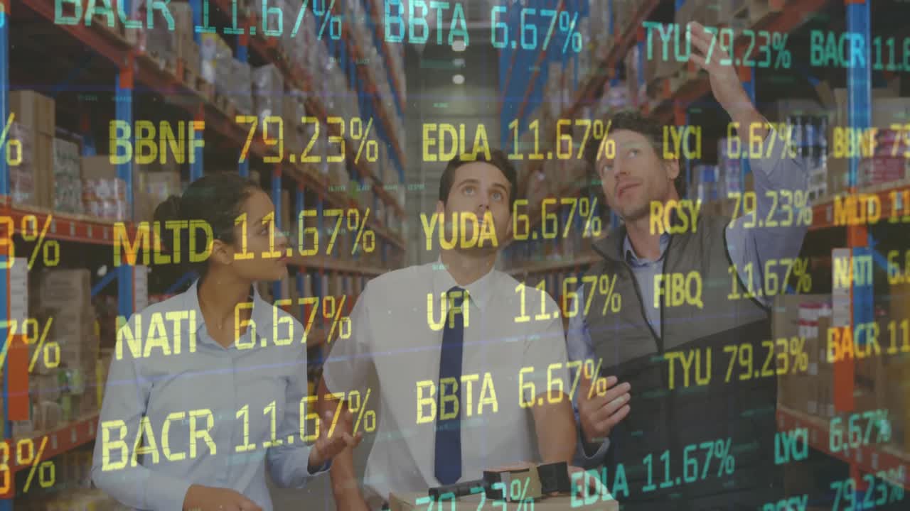 창고에서 일하는 사람들 위에 주식 시장의 애니메이션
