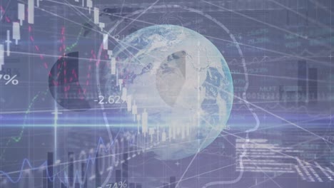 animación del procesamiento de datos financieros sobre cabeza humana, globo y cuadrícula