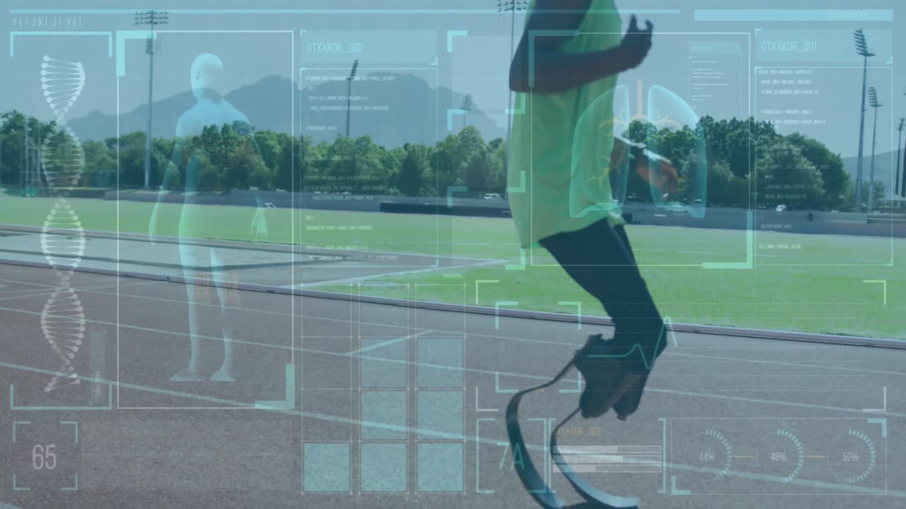 animación de datos en pantalla digital sobre hombre afroamericano con entrenamiento de hoja de correr
