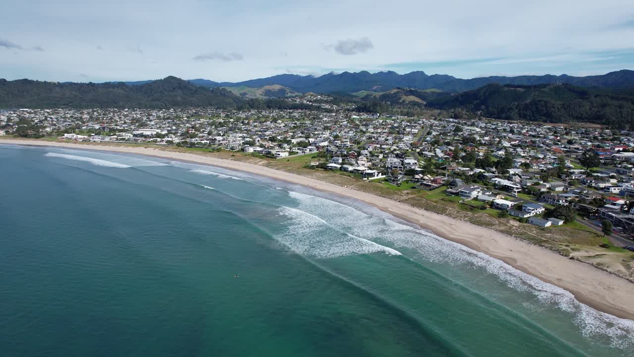 Idyllic Seascape Of Whangamata Beach In Coromandel Peninsula, New Zealand - Aerial Drone Shot