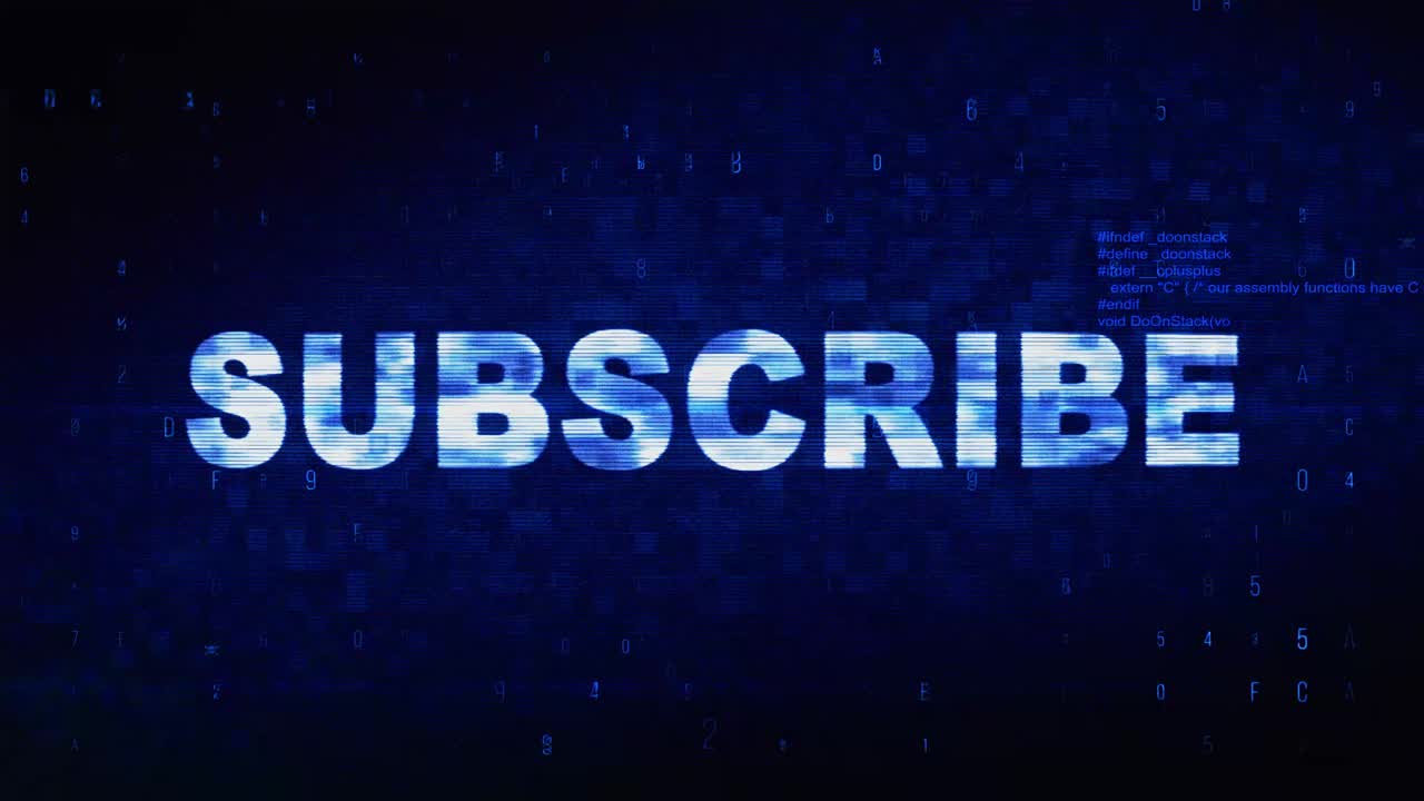 Subscribe text digital noise twitch and glitch effect tv screen loop animation background login and