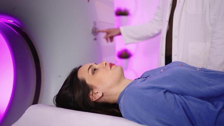 Patient undergoing a medical imaging scan with a technician