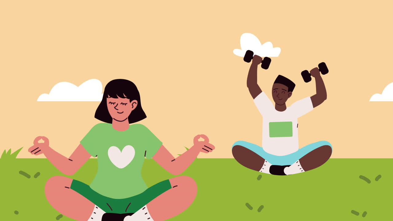 야외에서 명상하고 운동하는 사람들