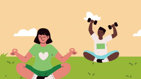 people meditating and exercising outdoors