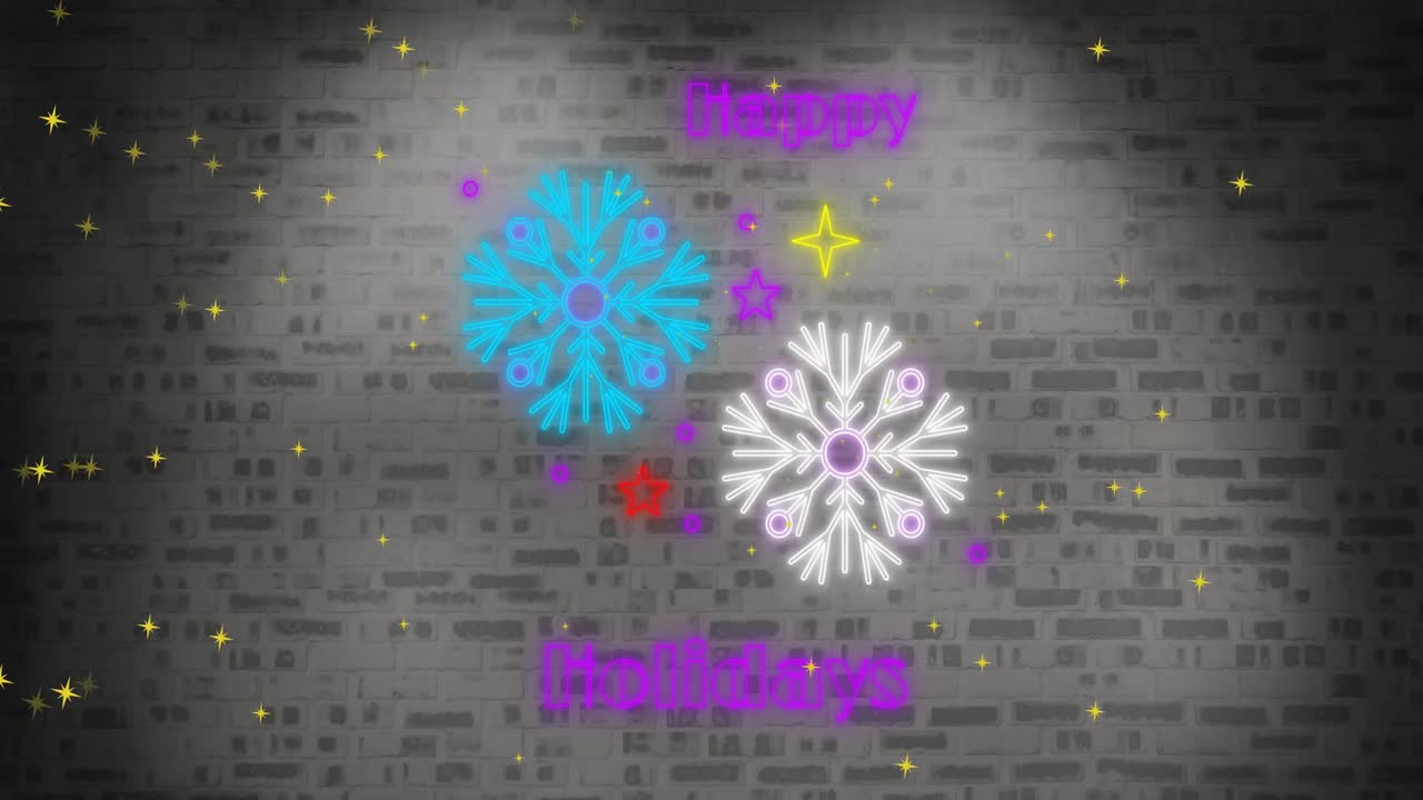 animación de texto de vacaciones felices de neón sobre copos de nieve