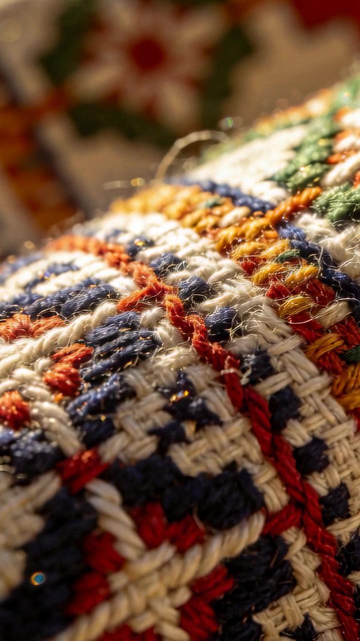 Vertical video: Pulling focus camera showing multicolored embroidery at home to reveal shiny flecks