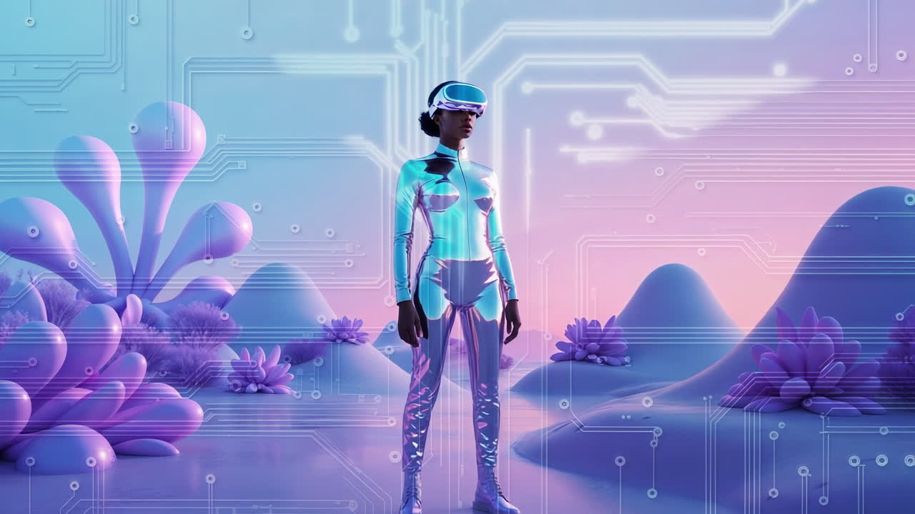 Futuristic Woman Exploring a Neon Digital Metaverse