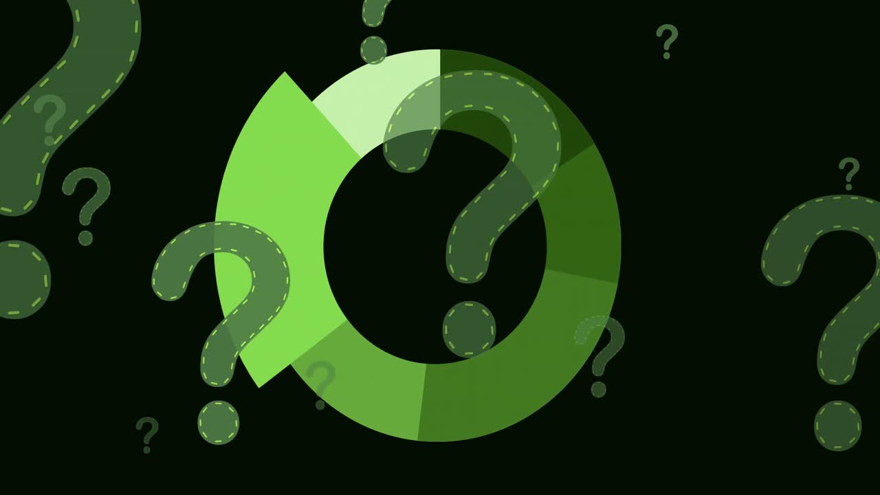Animation of pie chart and financial data processing over question marks in black background