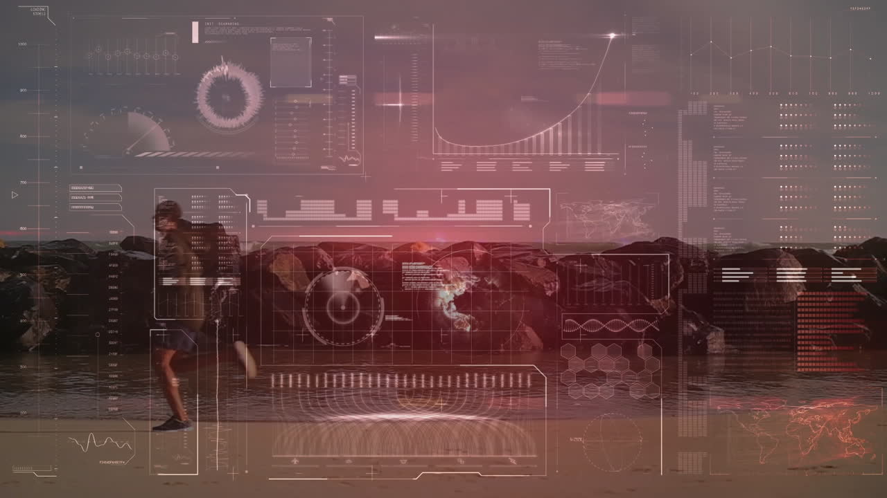 Animation of data processing over fit man running at beach