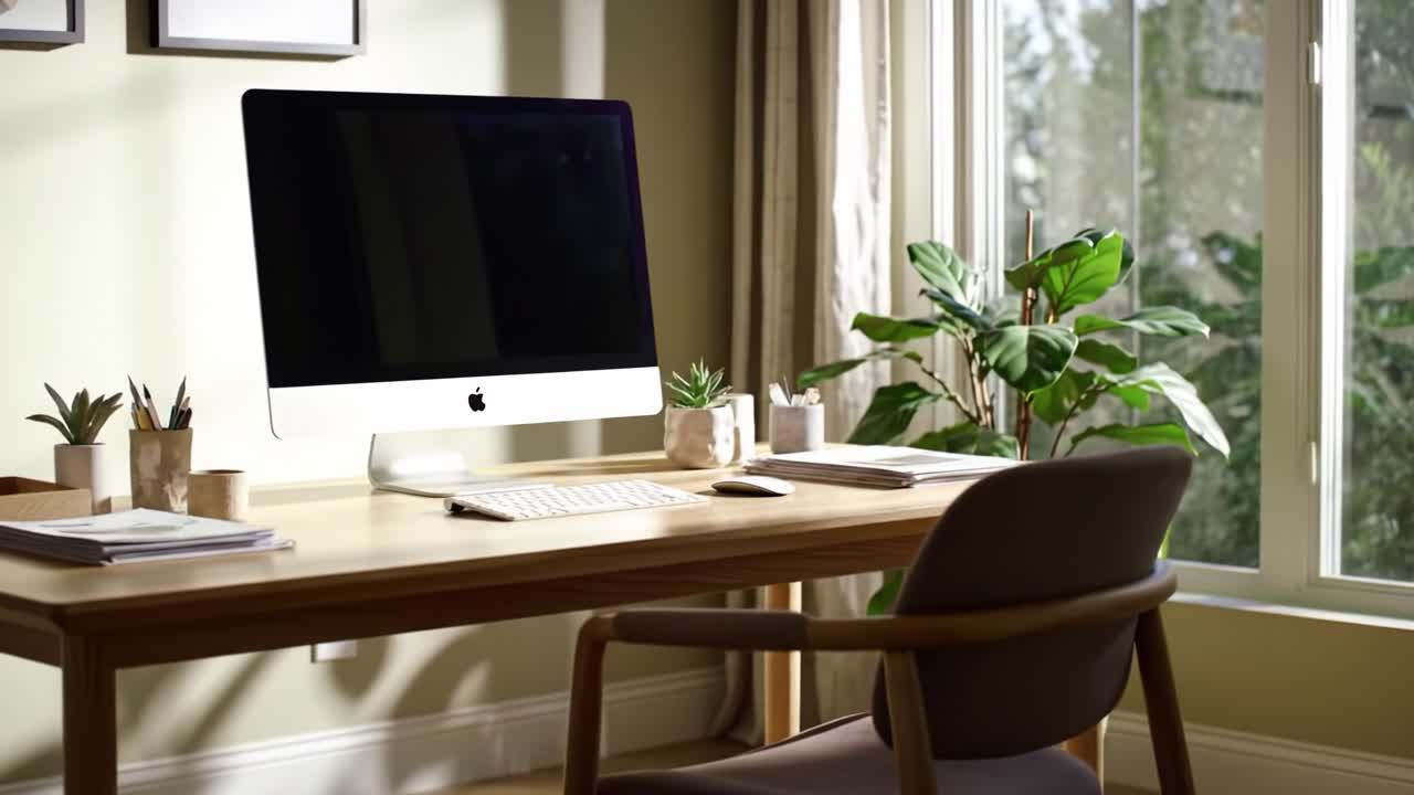 A Serene Home Office Setup with Natural Light and Indoor Plants, Featuring a Modern Computer, Stylish Desk, and Cozy Chair for an Inspiring Work Environment