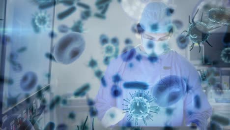 animación de la propagación del coronavirus covid19 con un trabajador de la salud en el fondo