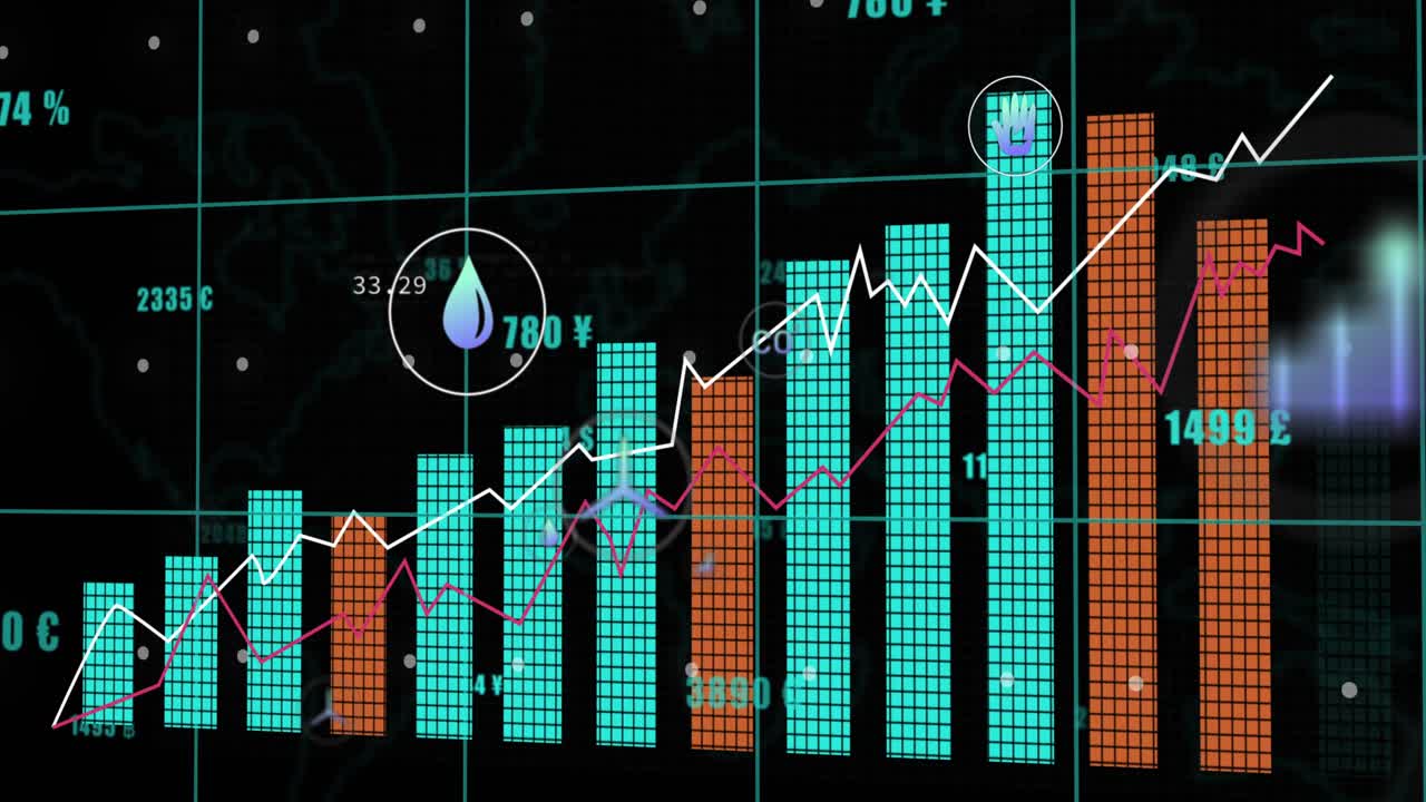 Turquoise grid appearing bar chart rising and drawing lines icons updating indicating data growth