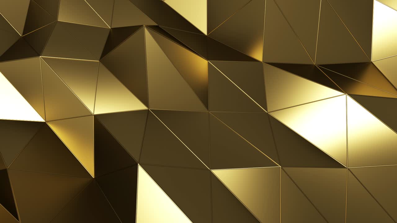 기하학적 황금 표면의 추상적인 배경, 컴퓨터 생성 루프 애니메이션, 다각형 모양의 현대적인 배경 및 포스터, 커버, 브랜딩, 배너를위한 3d 렌더링 모션 디자인.