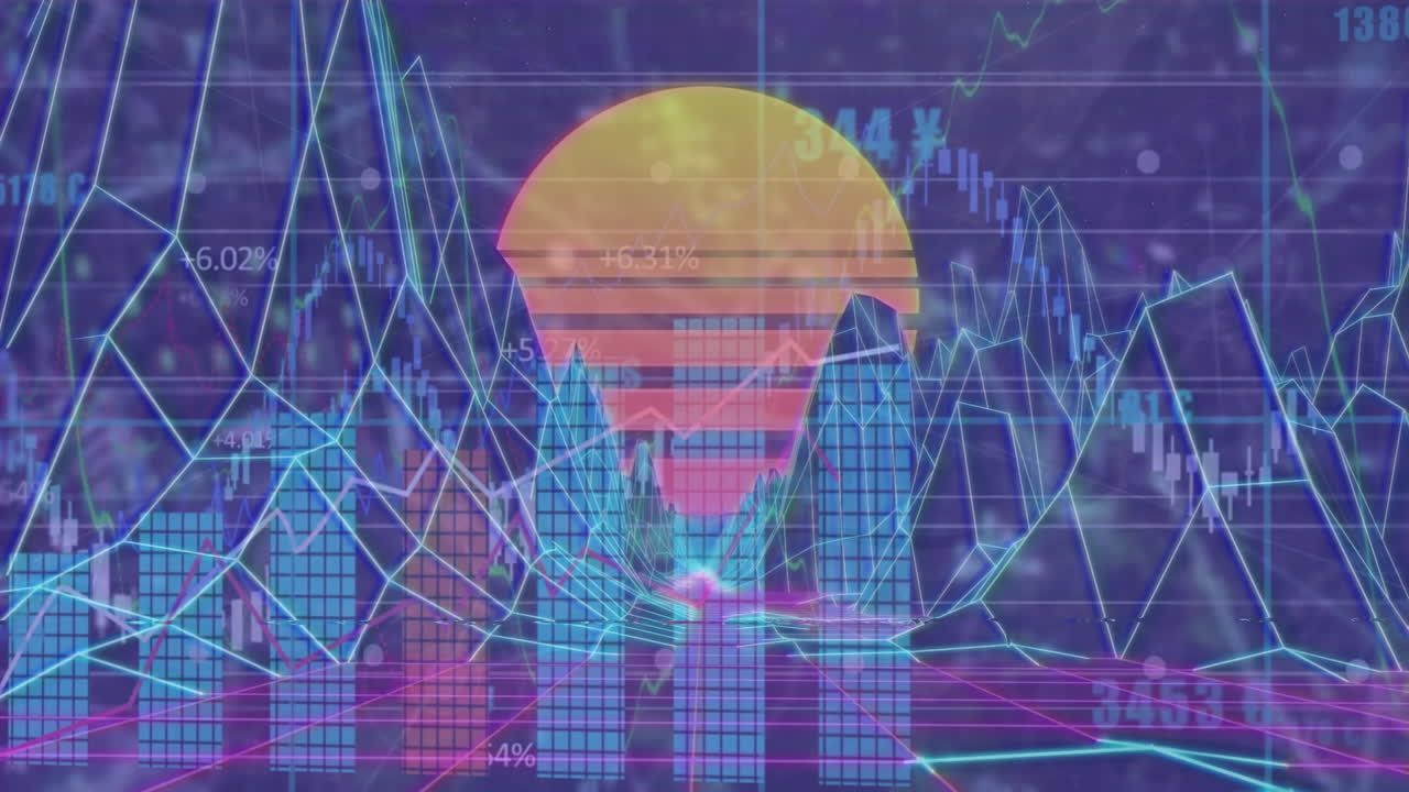 디지털 산과 검은색 배경의 태양 위에서 금융 데이터 처리의 애니메이션