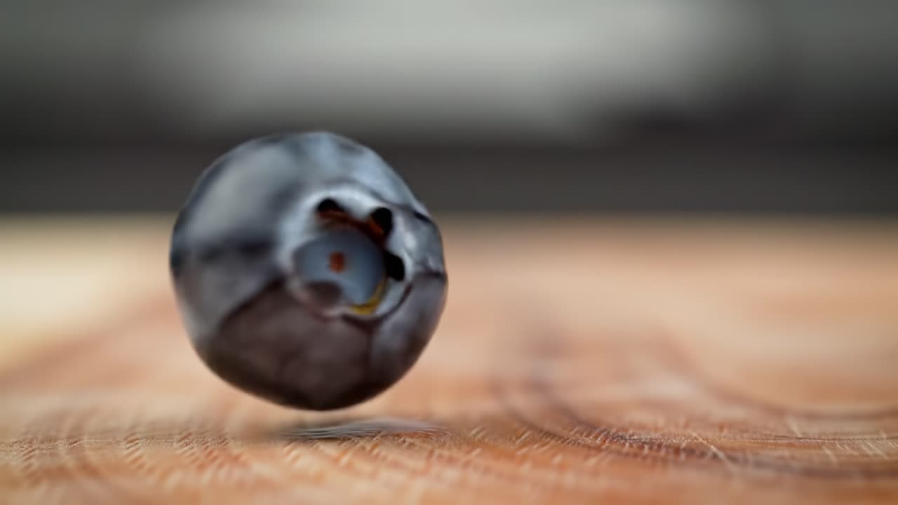 A Captivating Journey of a Blueberry: From Suspension to Stillness on a Beautiful Wooden Surface