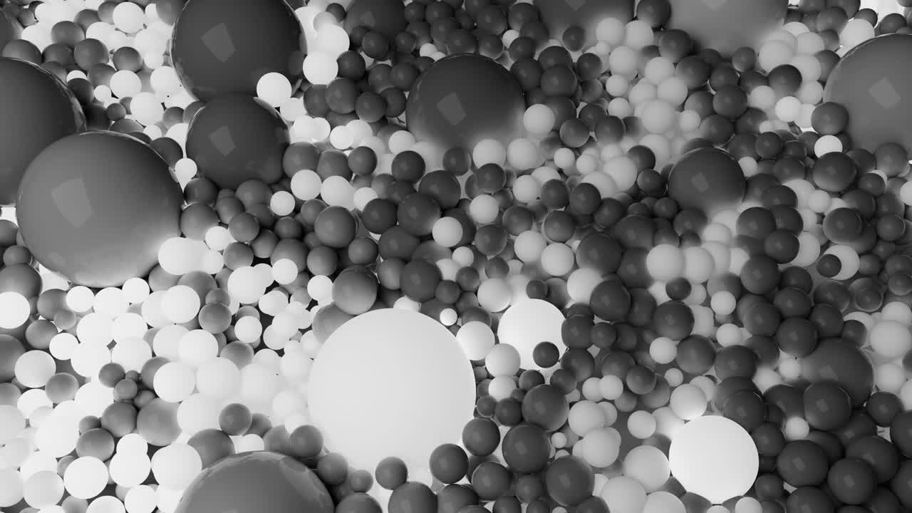 4k 3D seamless loop animation of beautiful gray and white small and large spheres or balls cover plane as abstract geometric background. Some spheres glow. 4