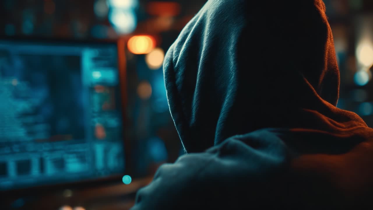Un hacker misterioso nell'ombra: all'interno del mondo oscuro dell'intrusione informatica e dei segreti digitali svelati da una figura elusiva al suo computer.