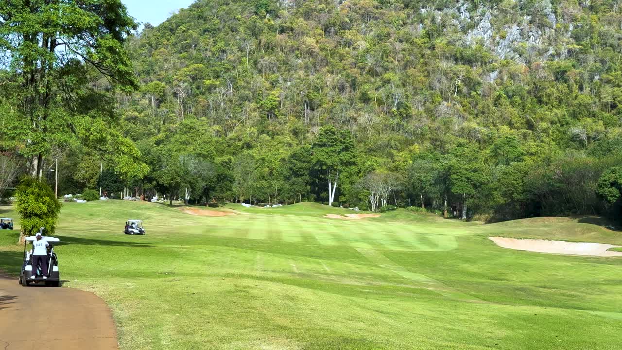 울창한 초록색 코스에서 움직이는 골프 카트