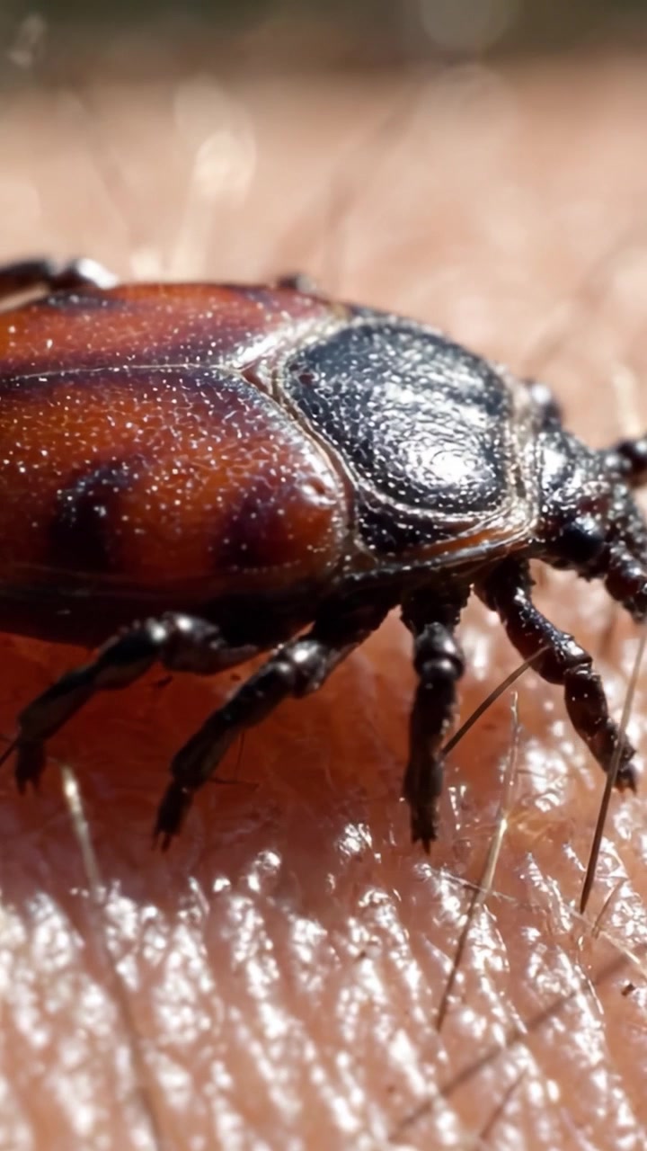 Immagini ravvicinate di una zecca sulla pelle, che ne evidenziano la texture e le caratteristiche in alta definizione, catturando le complessità di questo piccolo parassita con luce naturale.